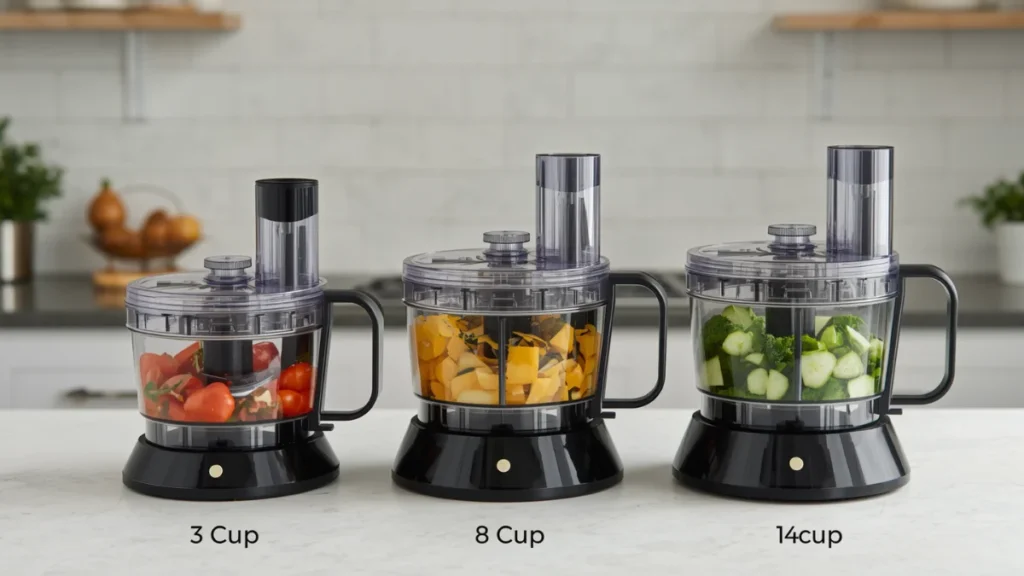 Three food processor bowls ranging from 3 cups to 14 cups, showing relative size differences