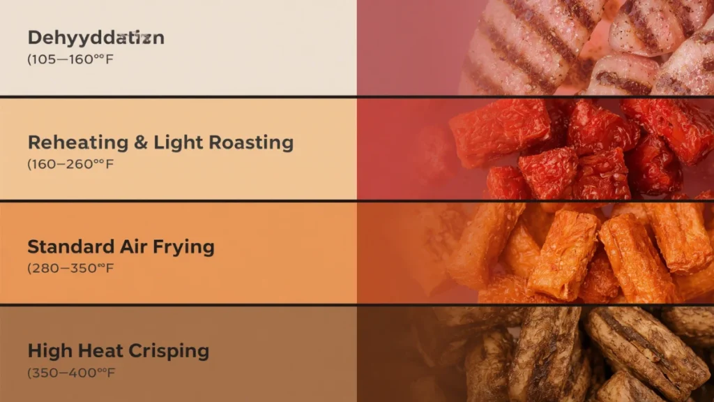 Air fryer temperature zones with example foods for each heat level