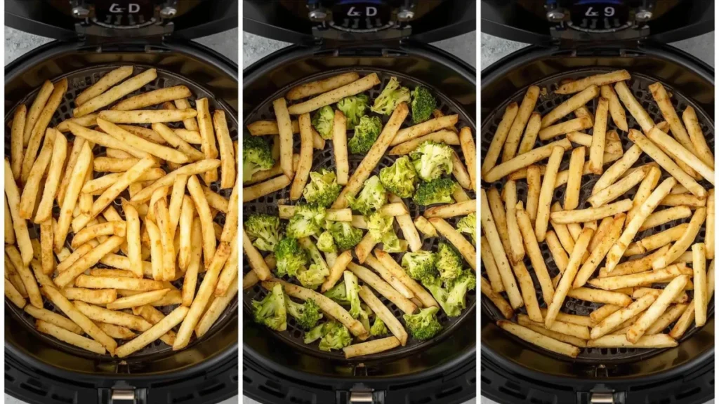 Comparison of 4-quart, 6-quart, and 8-quart air fryer baskets filled with food, showing relative capacity differences