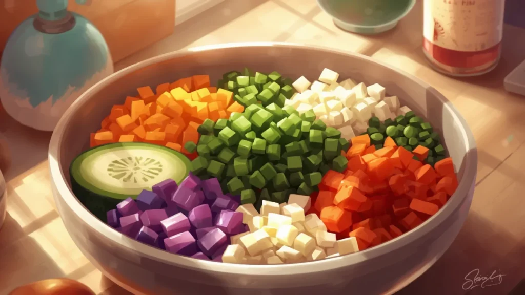 Progression of vegetable texture from chunky to finely chopped, demonstrating food processor processing stages