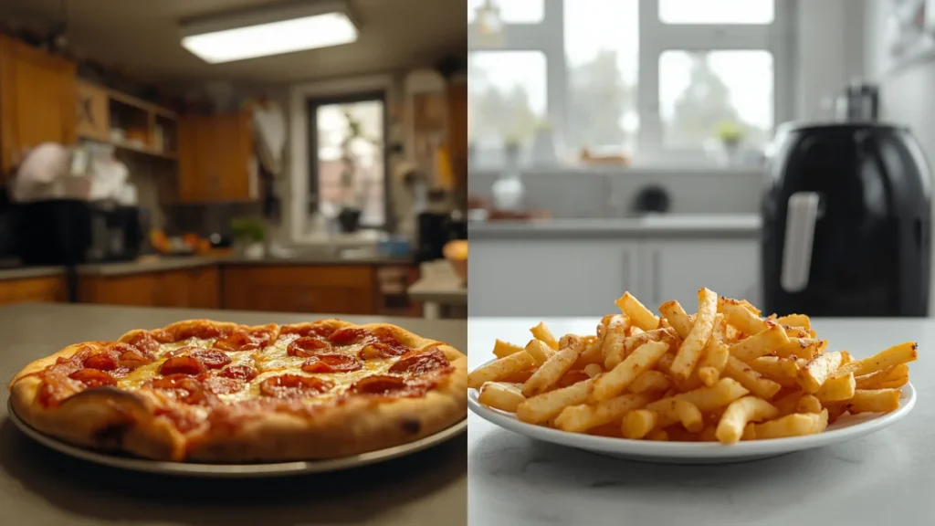 Side-by-side comparison of pizza reheated in microwave (soggy) versus air fryer (crispy)