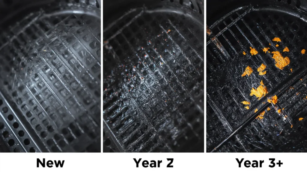 Close-up comparison of air fryer basket non-stick coating condition at different ages: new, after 2 years, after 3+ years
