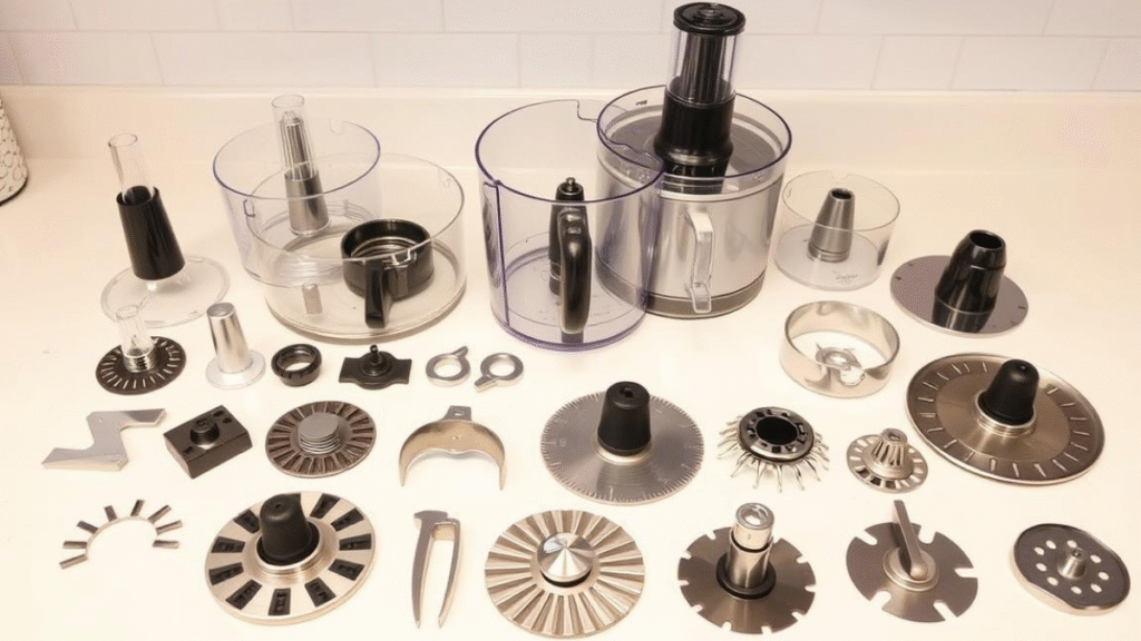 Various food processor attachments and blades for different food preparation tasks