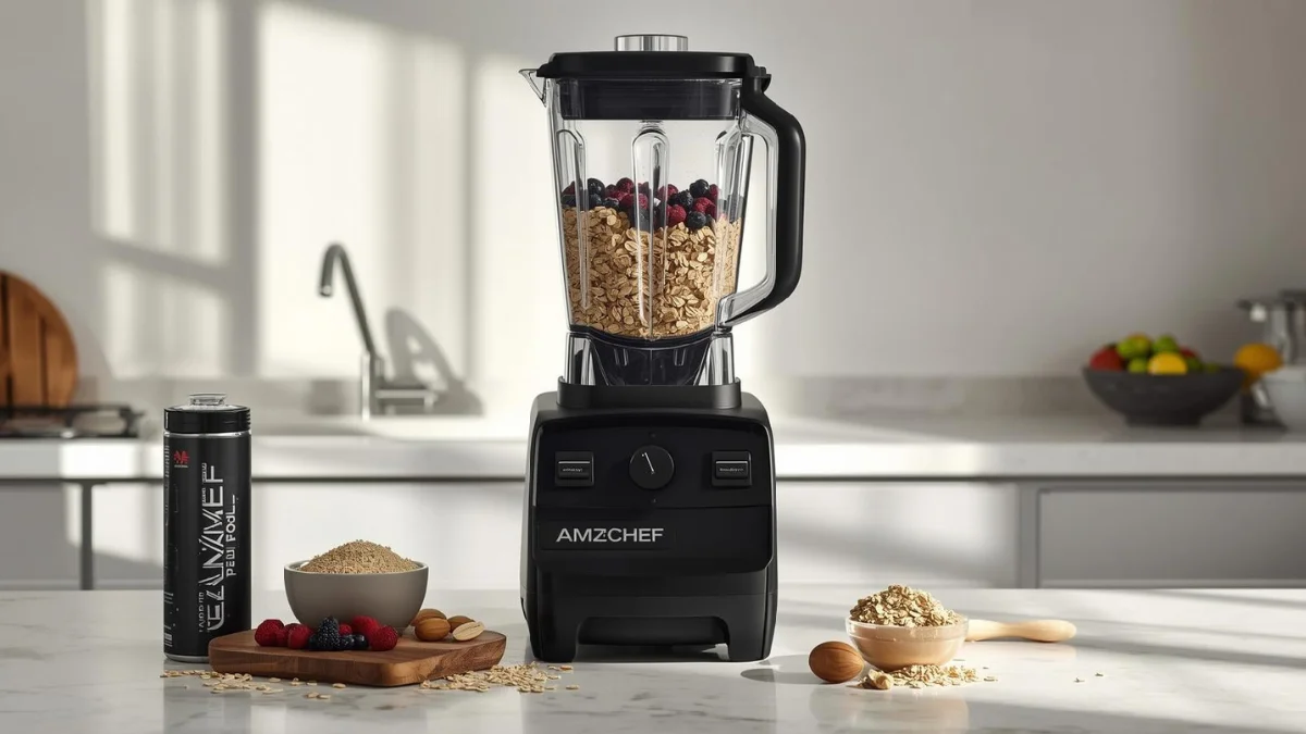 AMZCHEF 8-in-1 Professional Blender (Black, 2000W) with LED touch panel on a sleek modern kitchen island.