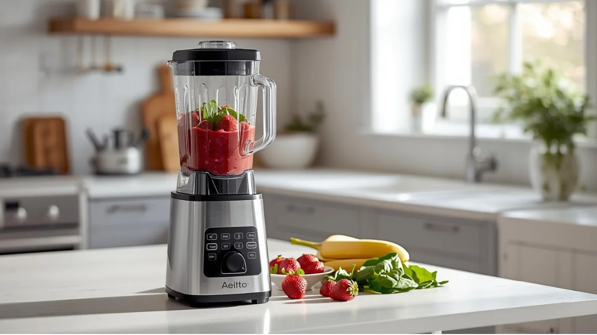 Aeitto 1500W Professional Countertop Blender (Silver) on a bright home kitchen counter, filled with a fresh berry smoothie.