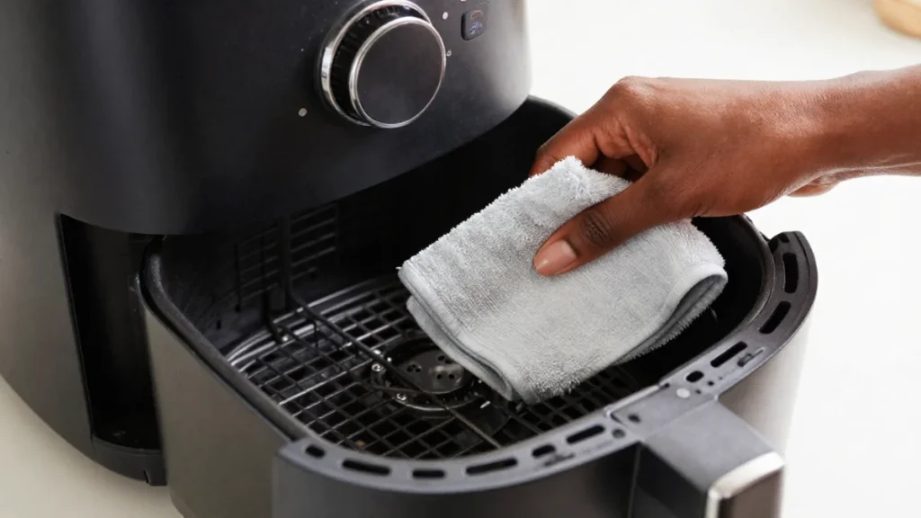 The basket of an air fryer is being cleaned