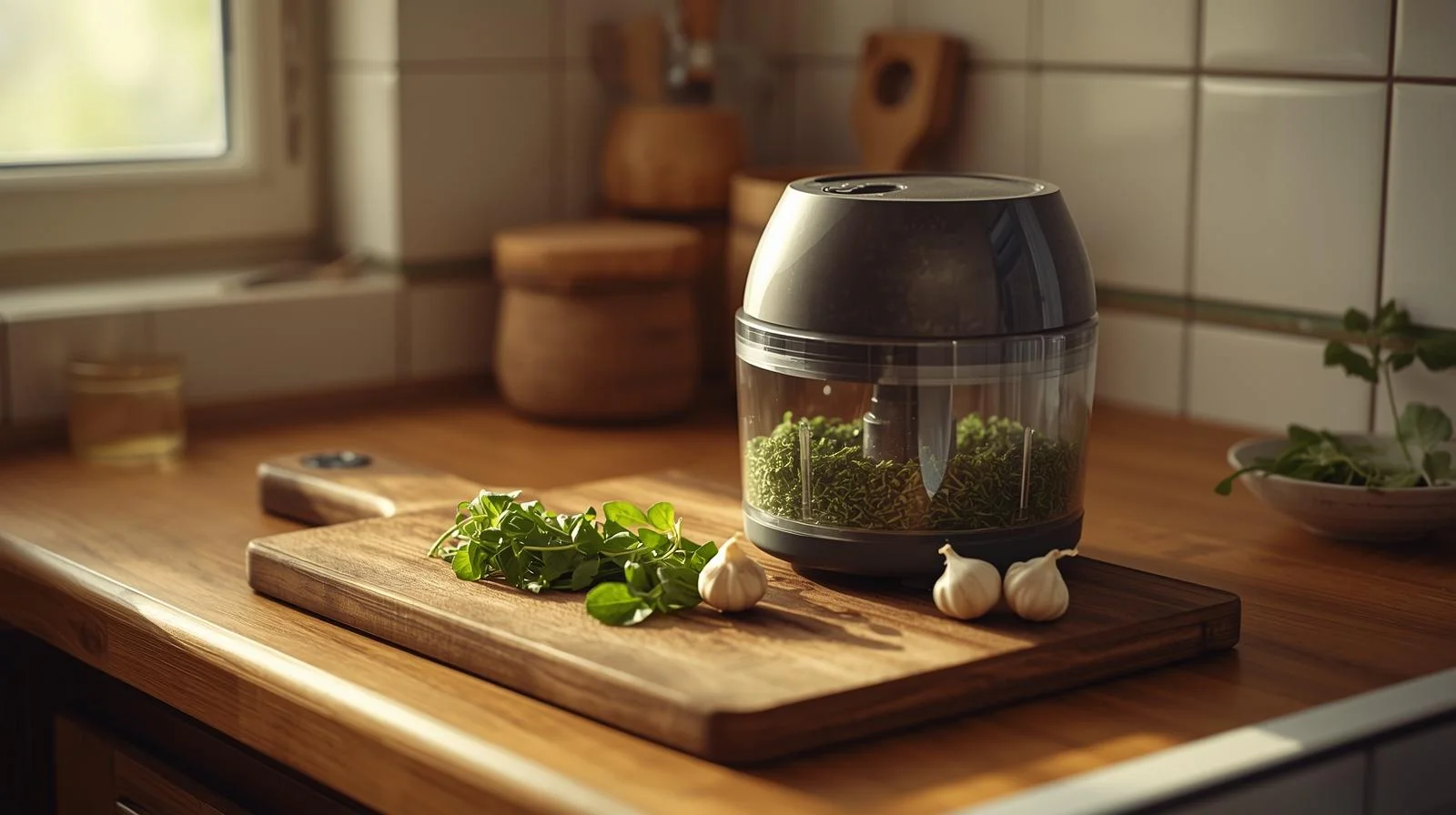 BLACK and DECKER mini food chopper chopping herbs and garlic in small kitchen
