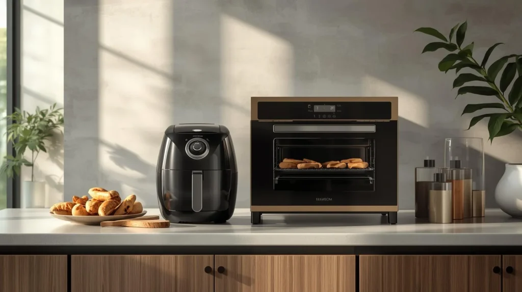 An air fryer and a convection oven placed on a kitchen counter
