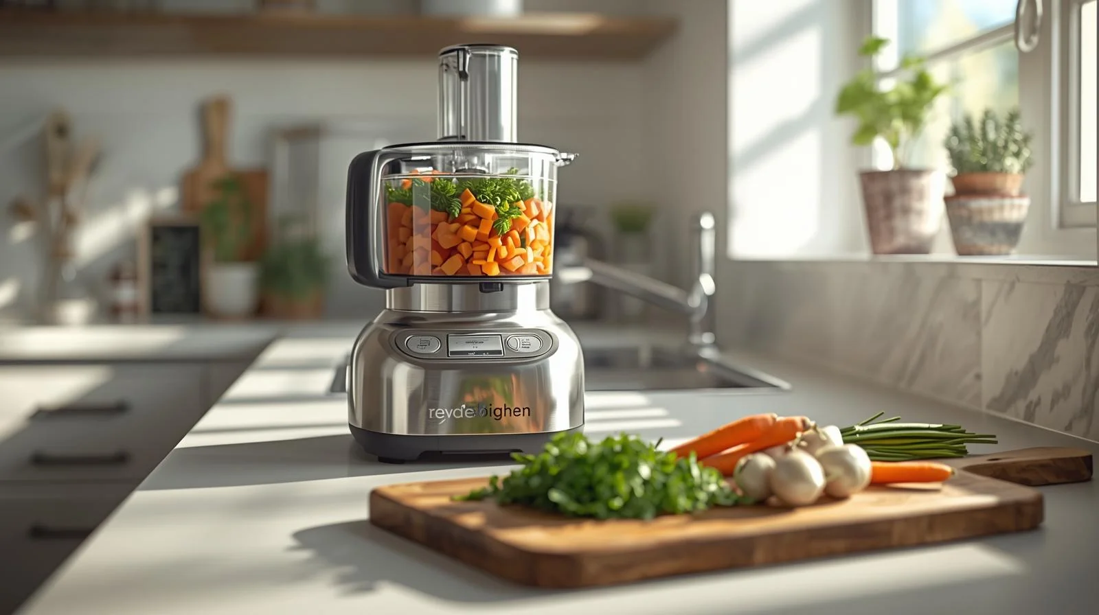 Large Cuisinart 14 cup food processor chopping vegetables in a bright modern kitchen
