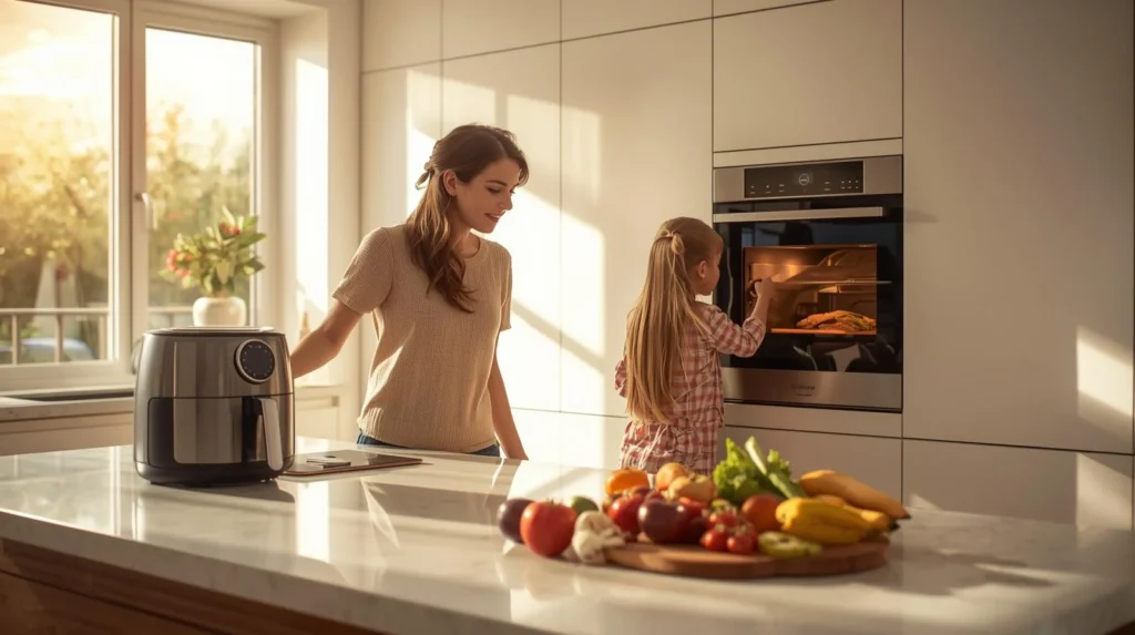 Family cooking dinner in modern kitchen using air fryer and convection oven