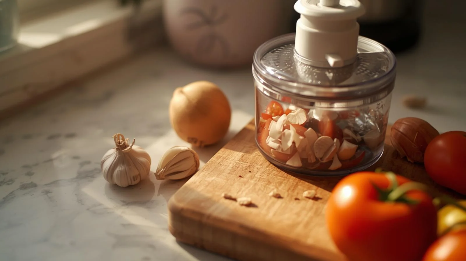 Compact Hamilton Beach mini food processor chopping garlic and onions on kitchen counter
