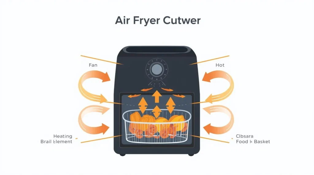 Diagram showing how hot air circulates inside an air fryer