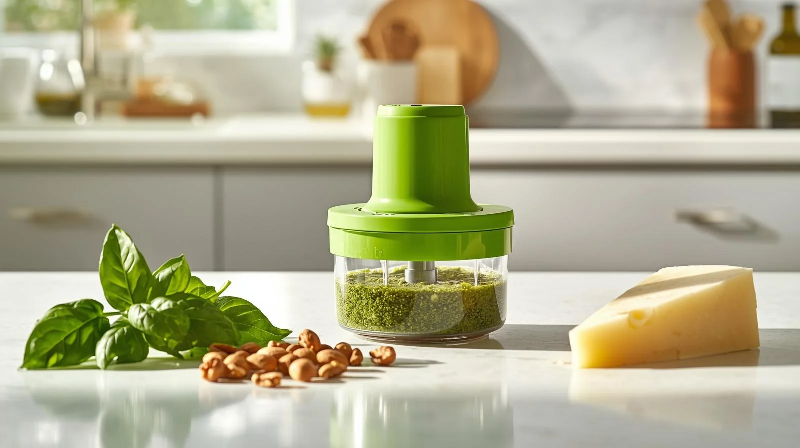 KitchenAid 3.5 cup food chopper making fresh basil pesto in a modern kitchen
