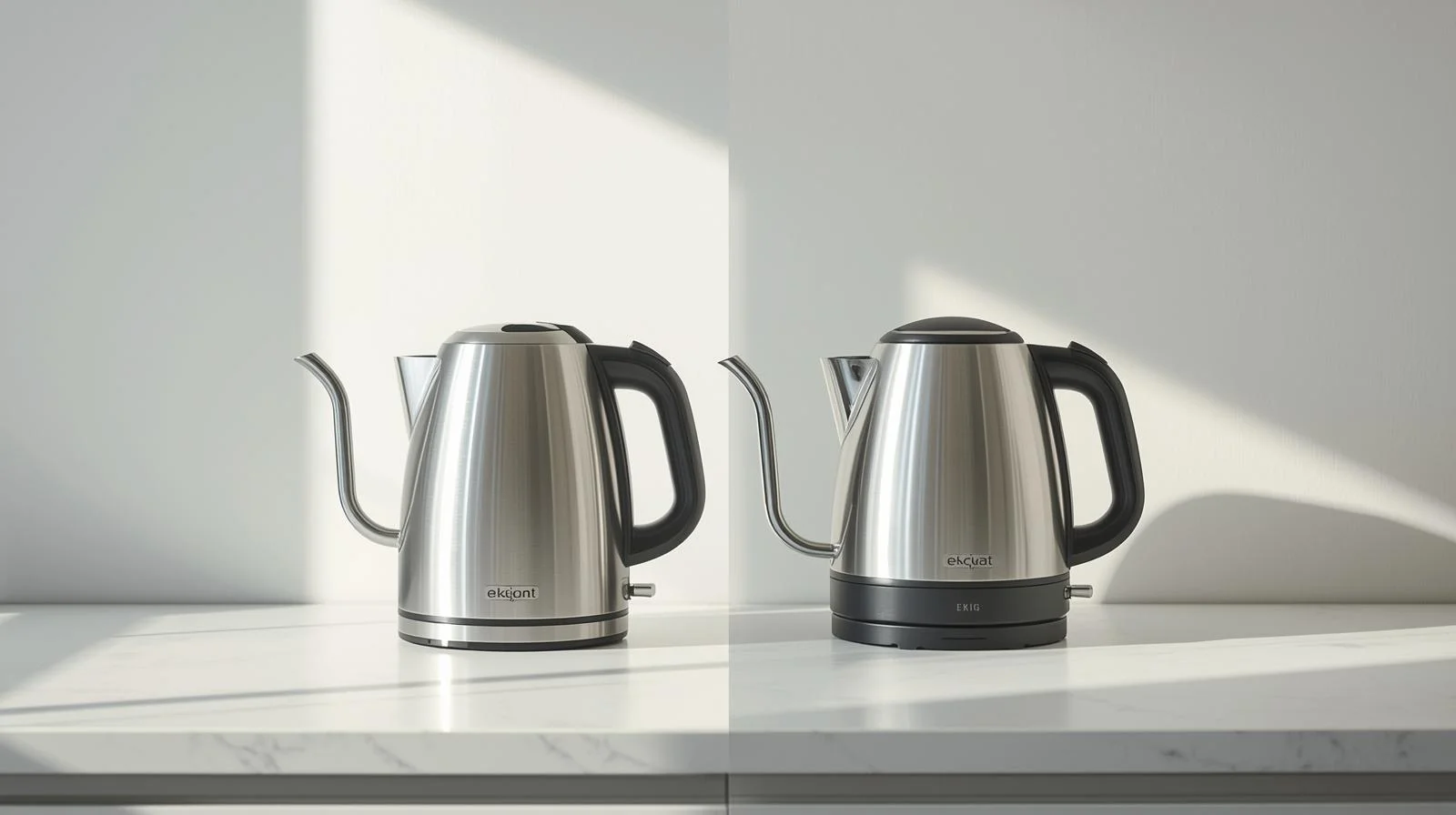 A comparison image showing an EKG electric gooseneck kettle next to a traditional electric kettle on a kitchen counter.