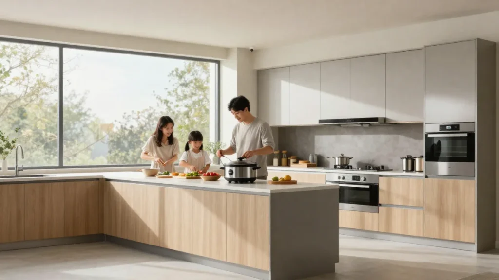 A fmmily enjoys cooking in a modern multi-cooker