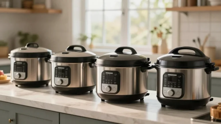 A ollection of modern multi-cookers on a kitchen counter