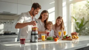 A bright modern kitchen scene showing a family making smoothie in a modern blender on a white kitchen counter