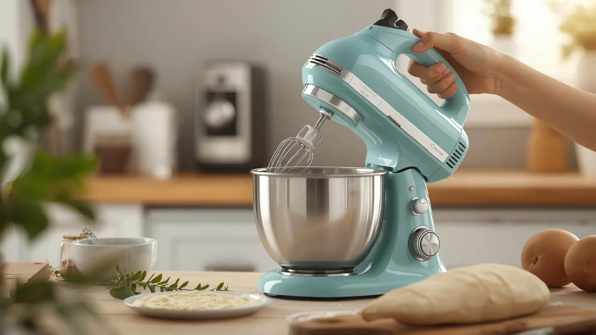 Photorealistic lifestyle scene of a Cozeemax 2 in 1 Hand Mixers Kitchen Electric Stand mixer in Color: Aqua, preparing pastry dough in a stylish home kitchen. Warm tones, shallow depth of field, realistic motion.
