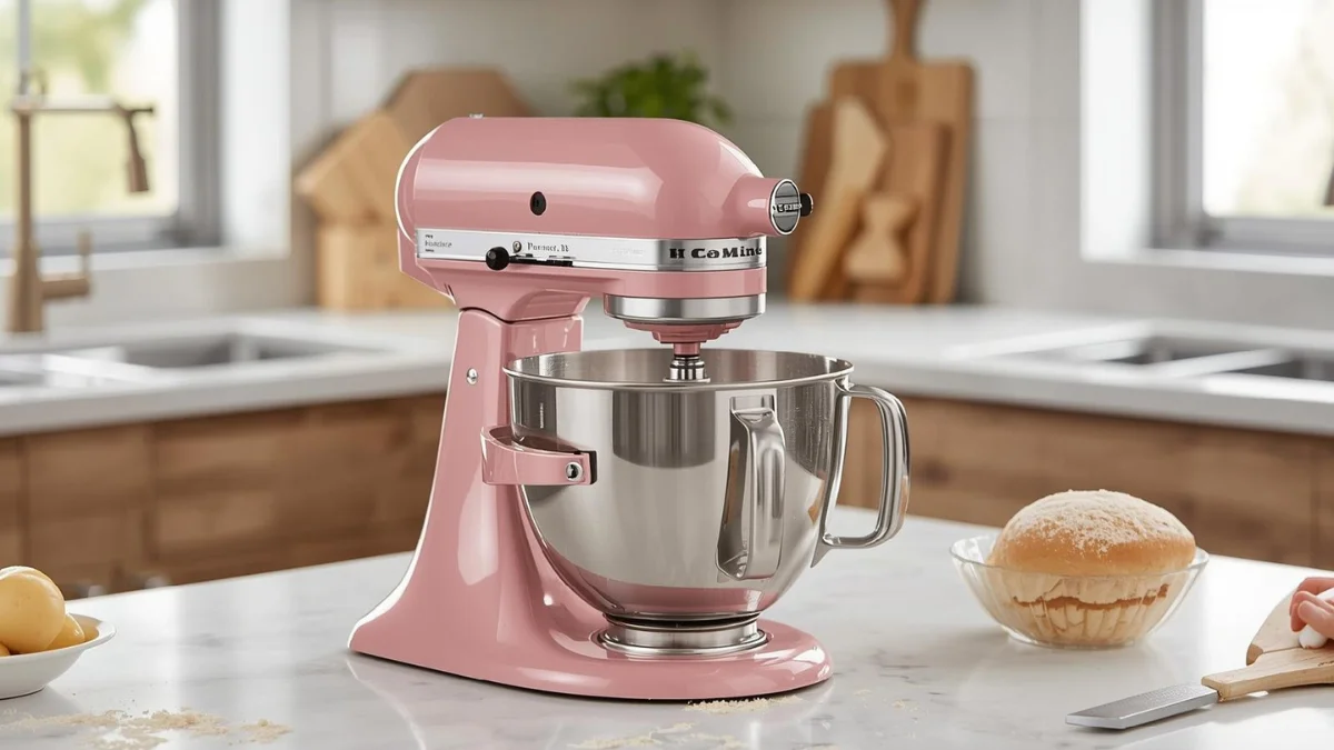 lifestyle image of a Dash Stand Mixer (Electric Mixer in Color: Pink, kneading bread dough in a contemporary kitchen. Clean countertops, natural lighting, premium home-baking look.