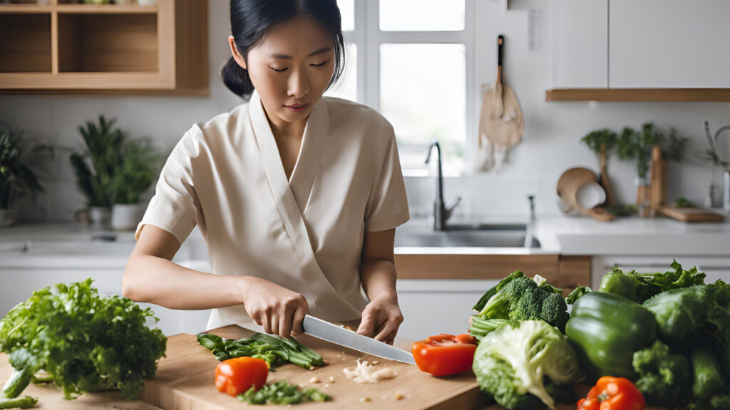 Is Chicago cutlery good- woman in kitchen cutting vegetables