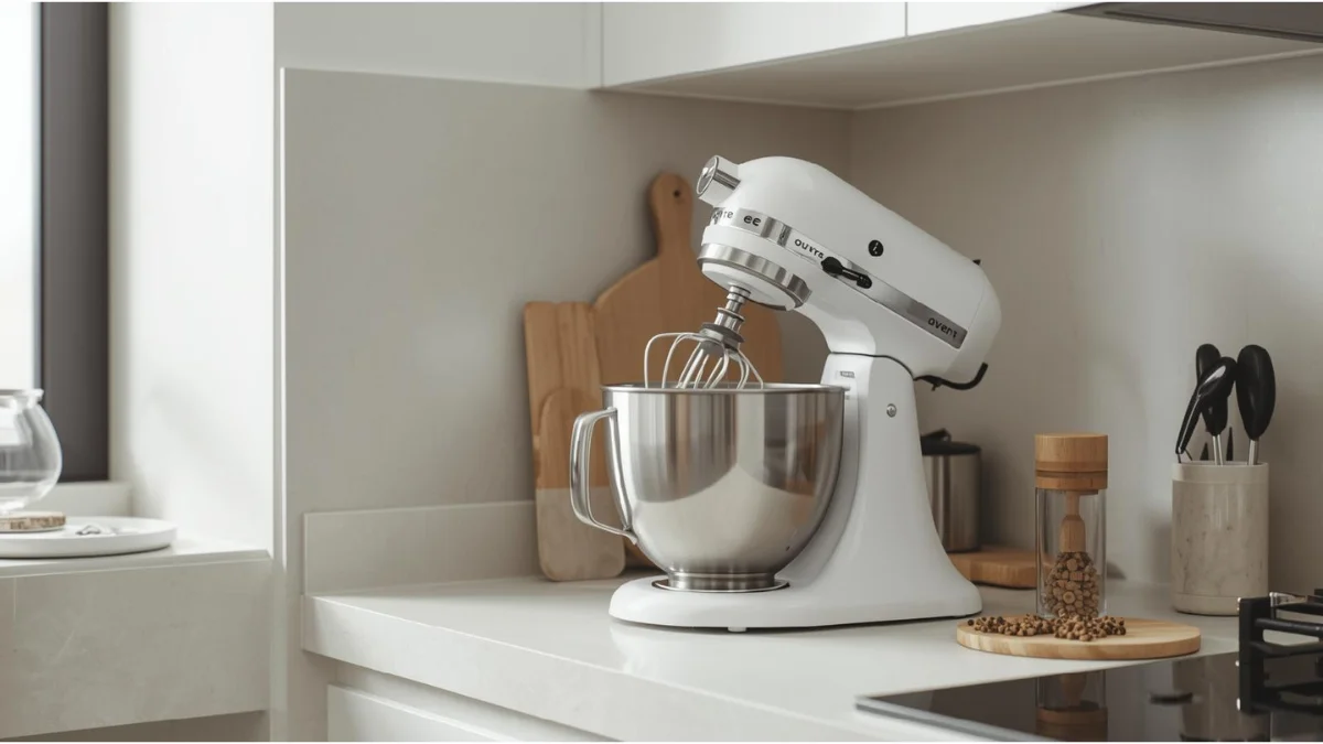 Photorealistic lifestyle photo of a OVENTE Electric Stand Mixer in white, whipping cream on a small apartment kitchen counter. Minimalist décor, soft daylight, compact modern kitchen