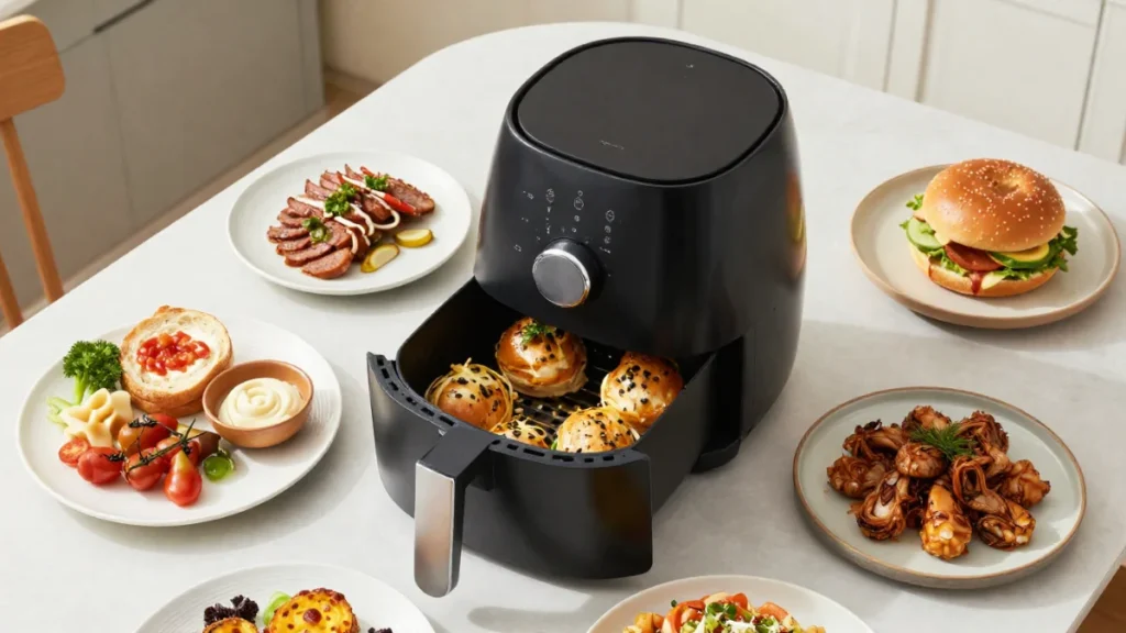variety of food items prepared in air fryer