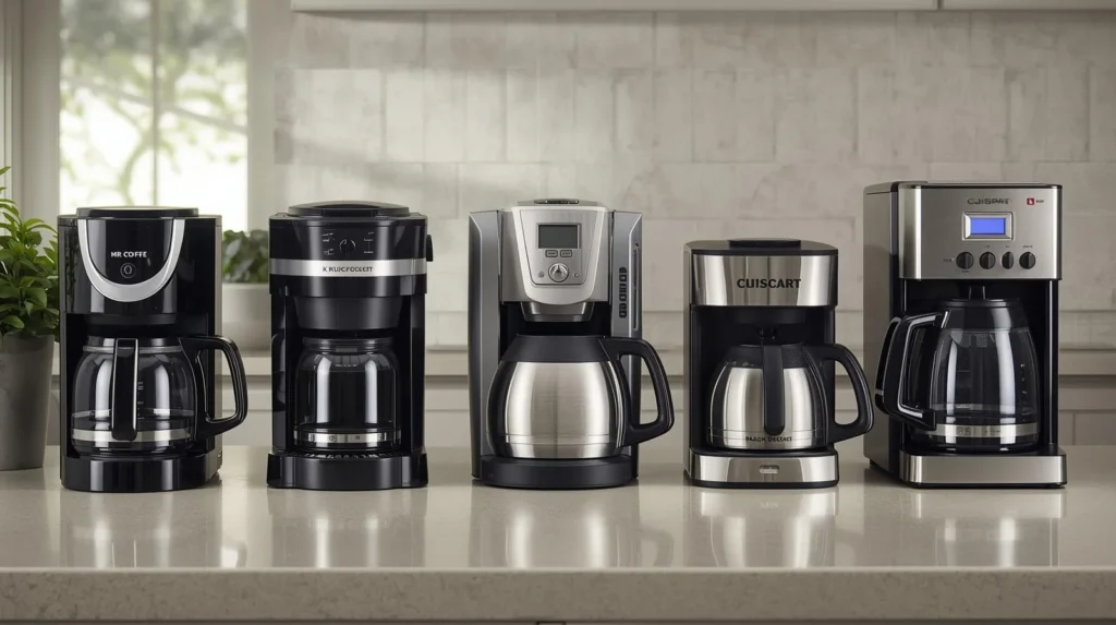 A collection of five modern coffee makers sitting side-by side on a counter