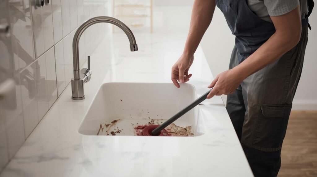 A plumber using a plunger to unclog the sink