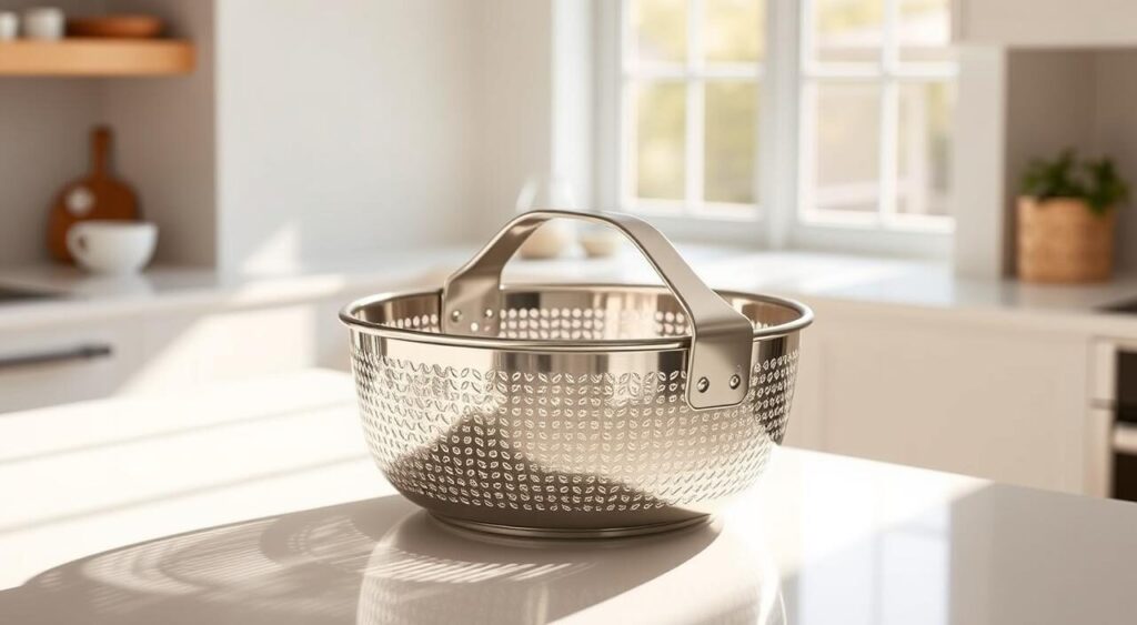 A high-quality, stainless steel air fryer basket, gleaming under warm studio lighting, resting on a clean, white countertop. The basket has a sleek, modern design with a sturdy handle and perforated sides for even air circulation. Sunlight streams in from a large window, casting a soft, natural glow on the scene. The basket is the focal point, surrounded by a minimalist, clutter-free environment that showcases its premium quality and functionality. The image conveys a sense of simplicity, elegance, and the basket's essential role as a top-rated microwave accessory.