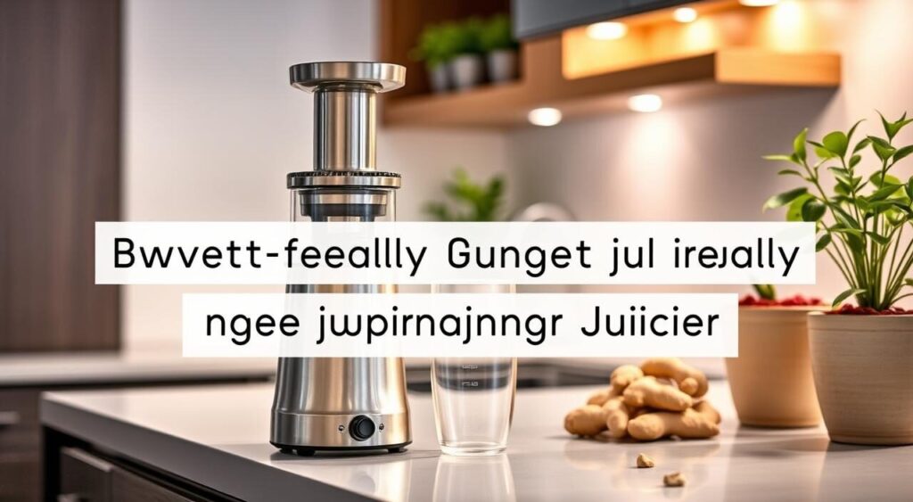 A sleek and modern kitchen counter with a stainless steel juicer prominently displayed. The juicer has a clean, minimalist design with a clear glass pitcher and various attachments for efficient ginger juicing. Soft, warm lighting illuminates the scene, creating a cozy and inviting atmosphere. In the background, a few potted ginger plants add a natural touch, complementing the overall theme of the image. The composition is balanced, with the juicer taking center stage while the surrounding elements enhance the overall aesthetic. This image perfectly captures a budget-friendly ginger juicing setup that is both functional and visually appealing. A sleek and modern kitchen counter with a stainless steel juicer prominently displayed. The juicer has a clean, minimalist design with a clear glass pitcher and various attachments for efficient ginger juicing. Soft, warm lighting illuminates the scene, creating a cozy and inviting atmosphere. In the background, a few potted ginger plants add a natural touch, complementing the overall theme of the image. The composition is balanced, with the juicer taking center stage while the surrounding elements enhance the overall aesthetic. This image perfectly captures a budget-friendly ginger juicing setup that is both functional and visually appealing.