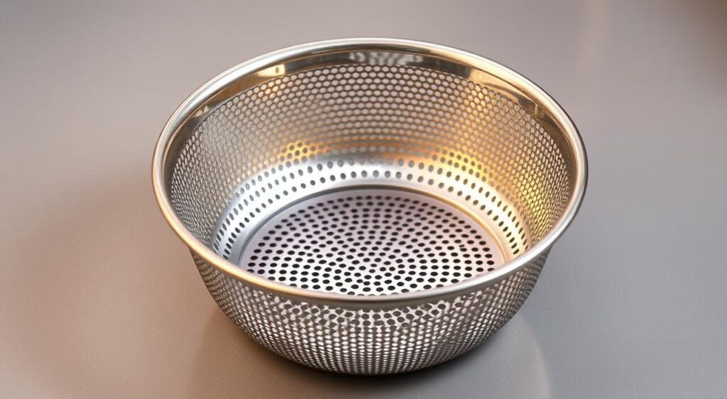 A stainless steel air fryer basket insert, its perforated surface gleaming under crisp lighting. The basket rests on a sleek gray background, its clean, minimal design reflecting the modern kitchen aesthetic. The depth of field is shallow, drawing the viewer's attention to the intricate mesh pattern and the smooth, curved edges of the insert. The lighting is warm and directional, casting subtle shadows that accentuate the basket's form and textures. The overall mood is one of precision, efficiency, and the promise of perfectly air-fried delicacies.
