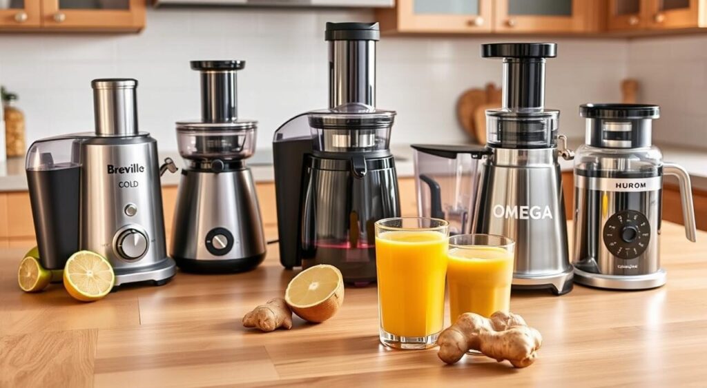 A well-lit kitchen counter with a selection of high-quality juicers for ginger, including a Breville Juice Fountain Cold, a Omega Juice Extractor, and a Hurom Slow Juicer. The juicers are placed on a clean, wood-grain surface, with slices of fresh ginger and a glass of vibrant, golden ginger juice in the foreground. The scene is captured with a crisp, professional-grade camera, showcasing the sleek design and efficient performance of these top-of-the-line juicers for processing ginger. A well-lit kitchen counter with a selection of high-quality juicers for ginger, including a Breville Juice Fountain Cold, a Omega Juice Extractor, and a Hurom Slow Juicer. The juicers are placed on a clean, wood-grain surface, with slices of fresh ginger and a glass of vibrant, golden ginger juice in the foreground. The scene is captured with a crisp, professional-grade camera, showcasing the sleek design and efficient performance of these top-of-the-line juicers for processing ginger.