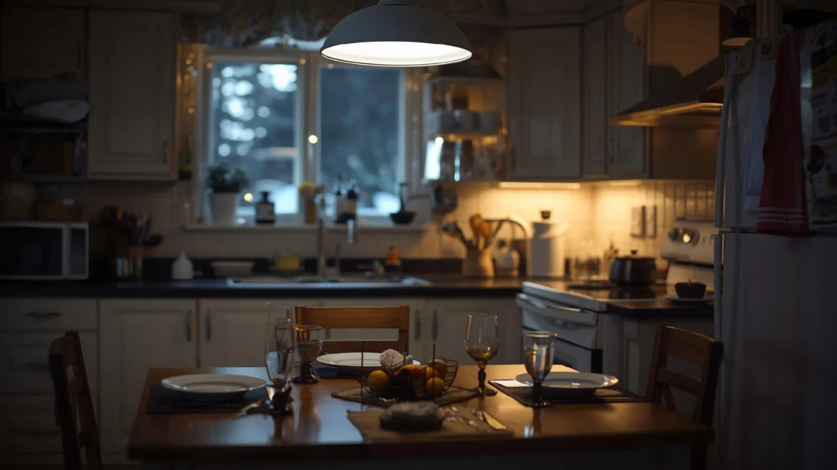 A calm, cozy family kitchen after dinner with clean countertops, soft evening lighting, appliances neatly arranged,