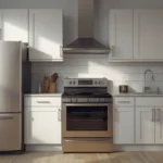 Modern kitchen with essential kitchen appliances including refrigerator, oven, and dishwasher featured