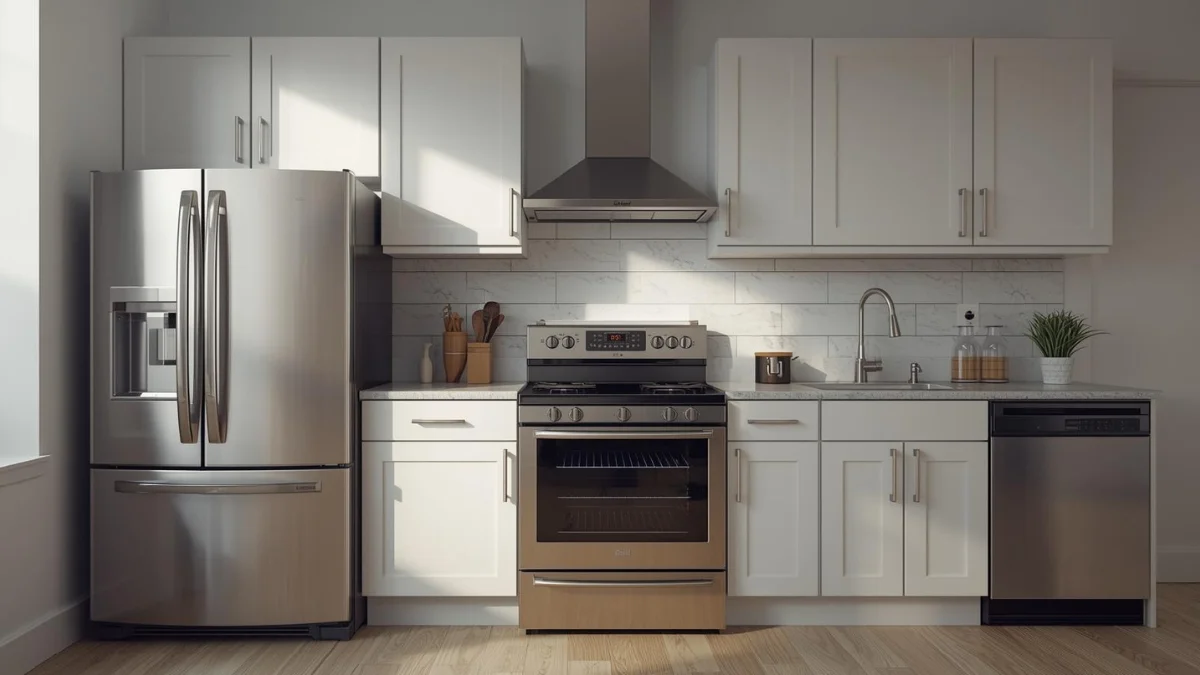 Modern kitchen with essential kitchen appliances including refrigerator, oven, and dishwasher featured