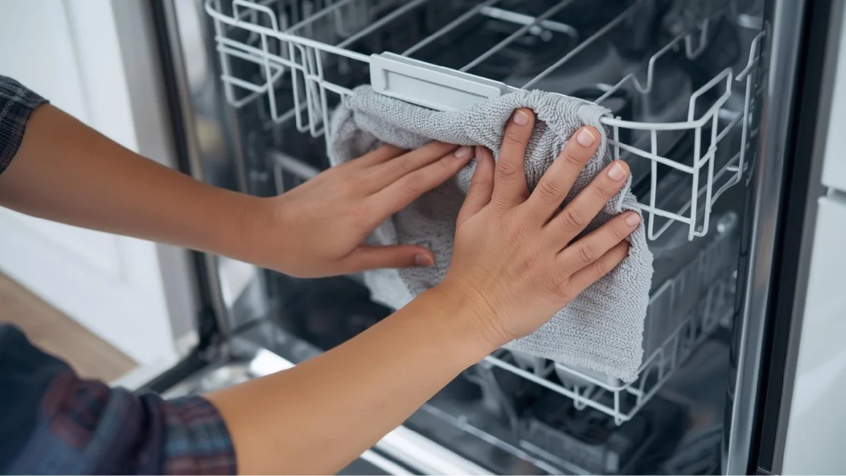 A realistic close-up image of a person cleaning or maintaining kitchen appliances, focusing on cleaning a dishwasher filter or wiping the inside of a refrigerator