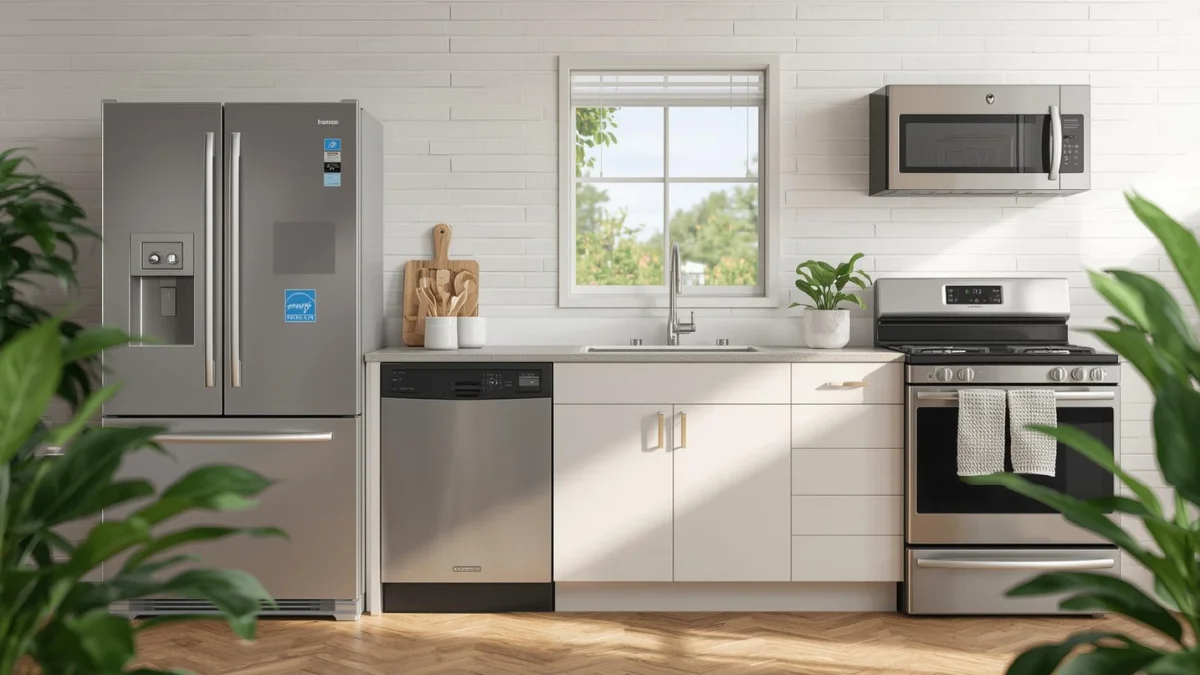 A realistic modern kitchen featuring energy-efficient kitchen appliances with subtle eco-friendly elements