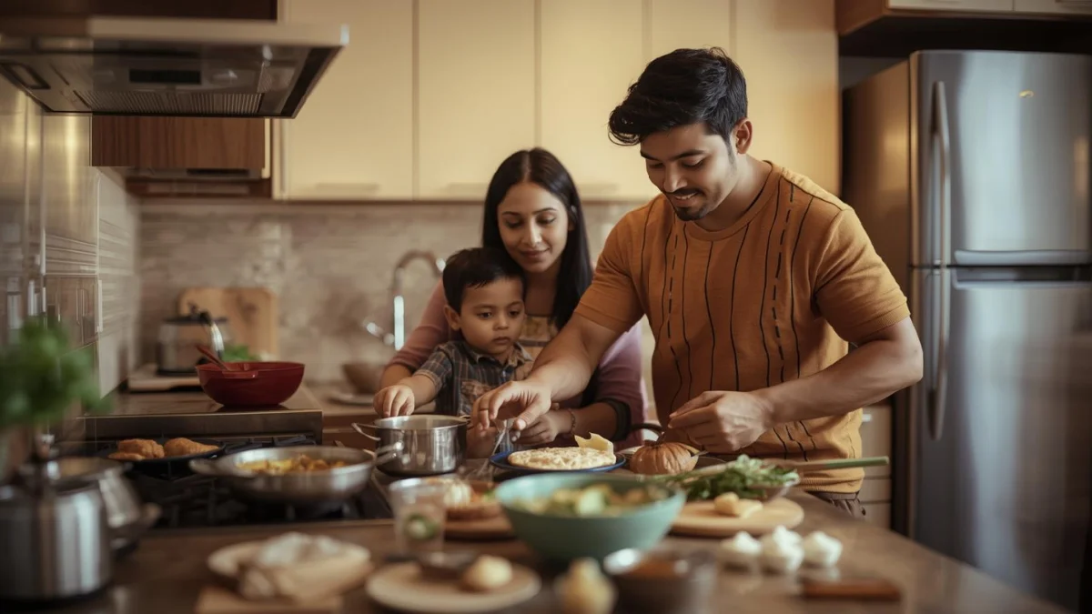  lifestyle image of a family cooking together in a modern home kitchen. Parents and child preparing food using kitchen appliances like an oven, refrigerator, and countertop appliances