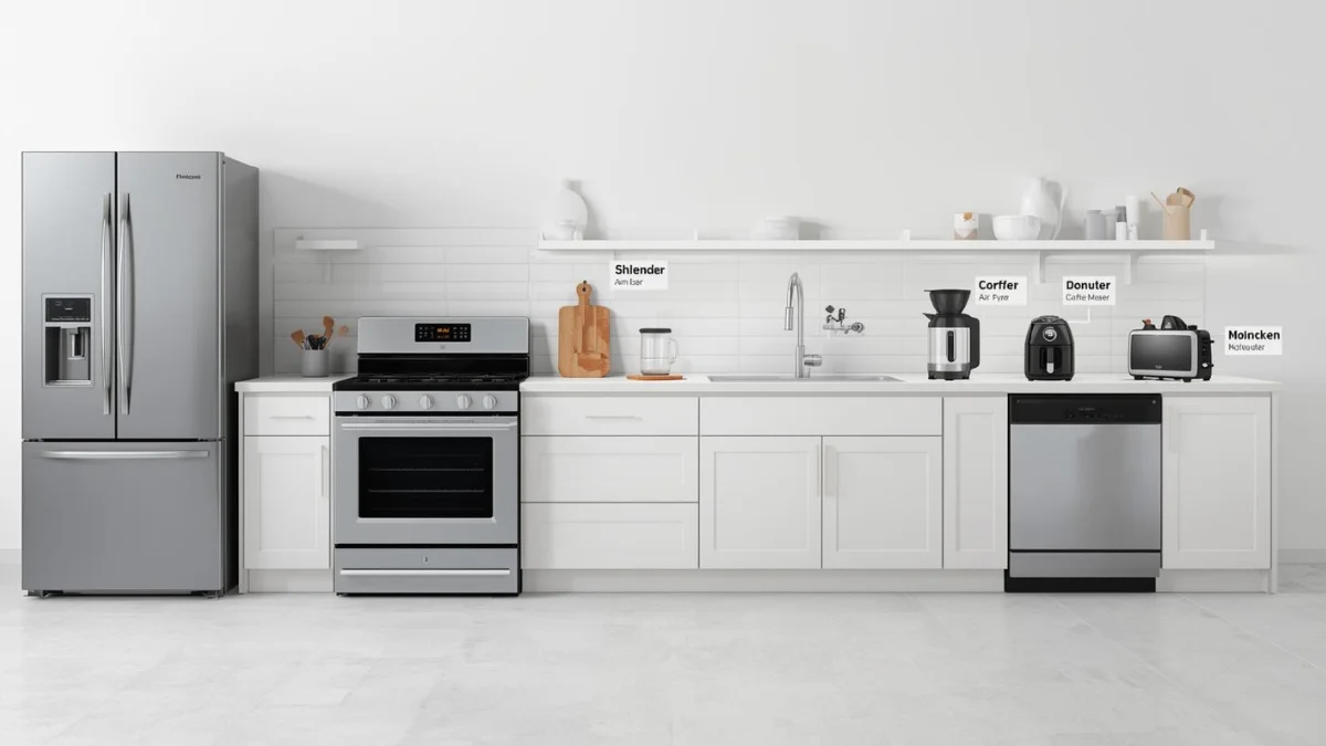 modern kitchen scene showing major and small kitchen appliances clearly separated and labeled