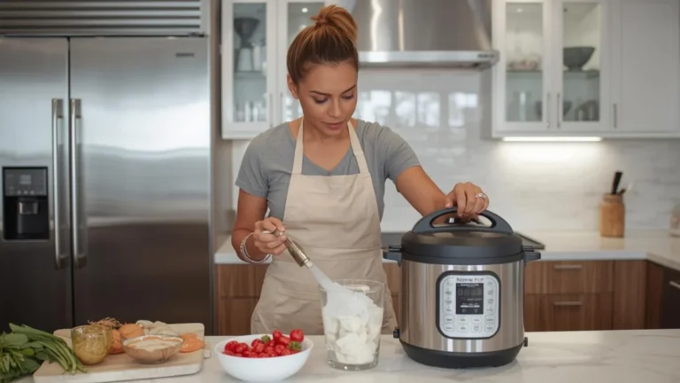 A home cook using pressure cooker to cook frozen chicken