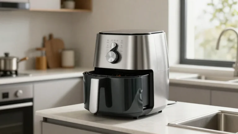A modern air fryer on a kitchen counter