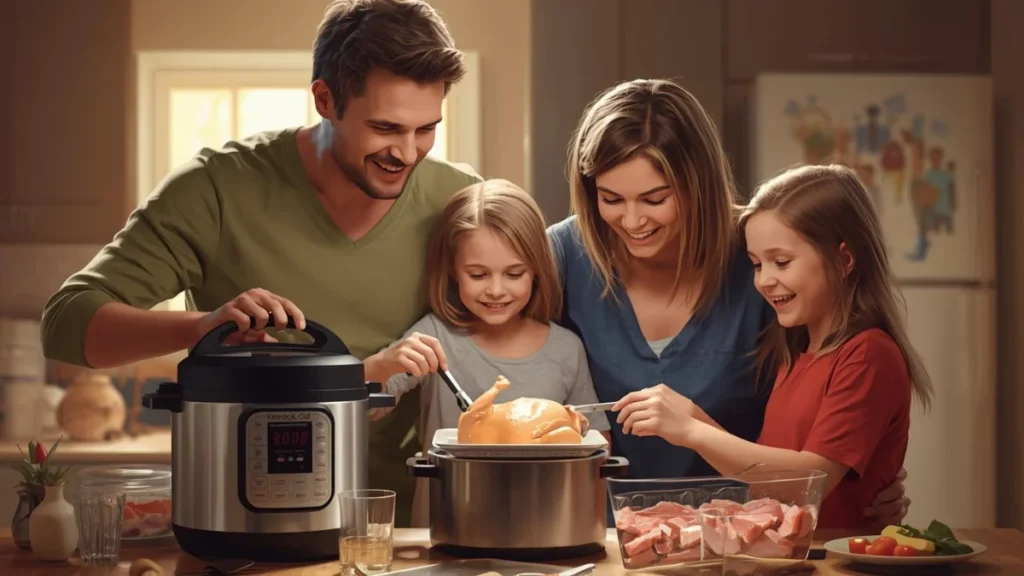 A family cooks frozen  chicken in a pressure cooker following a guide, ste-by- step