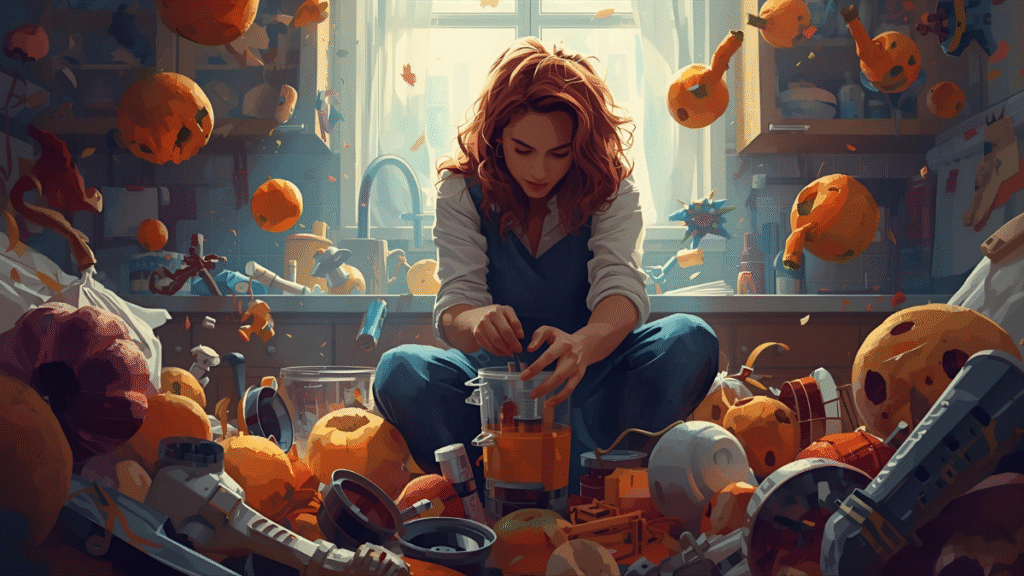 Best Juicer Buying Guide: How to Choose and Care for a Home Juicer 5 Juicer Buying giuide - A young homemaker is struggling to clean her home juicer