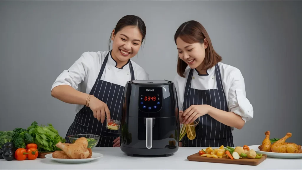 Chefman 4 QT Compact Air Fryer: Enjoy Guilt-Free Fried Favorites 6 Chefman 4 QT Compact Air Fryer-Two professional chefs are experimenting with various cooking tasks in an Air Fryer
