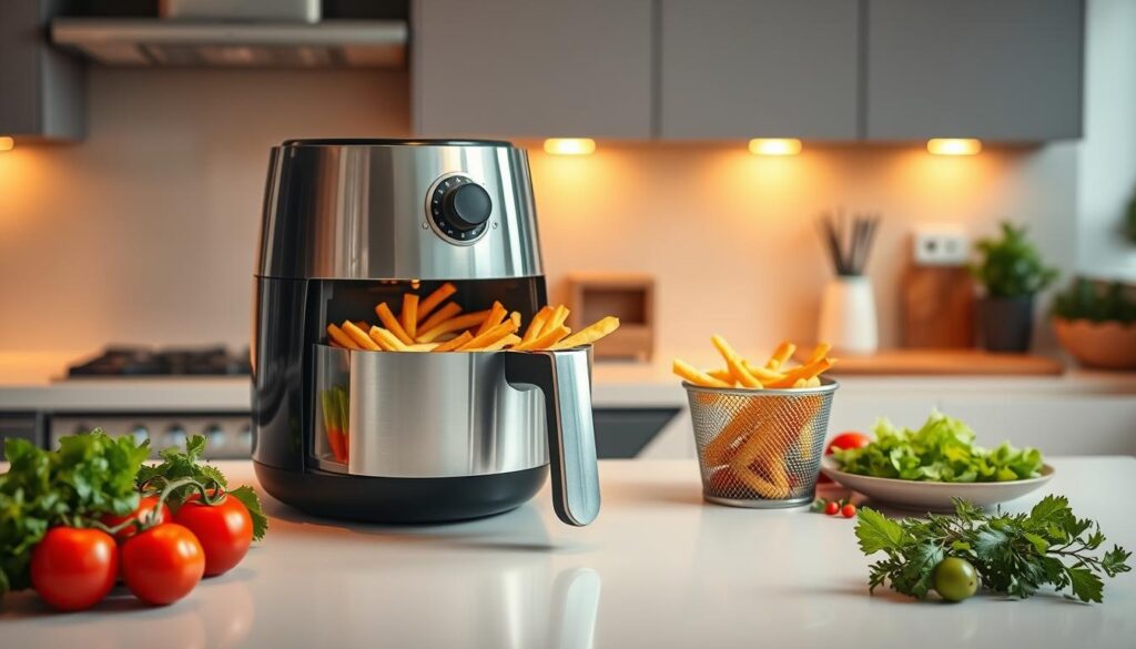 Chefman 4 QT Compact Air Fryer: Enjoy Guilt-Free Fried Favorites 8 A sleek, modern kitchen with a stainless steel air fryer taking center stage on the pristine countertop. Warm, soft lighting casts a cozy glow, accentuating the golden-brown crispy fries gently tumbling inside the air fryer's mesh basket. Vibrant, fresh ingredients like juicy tomatoes, crisp lettuce, and fragrant herbs are neatly arranged nearby, hinting at the delicious, guilt-free meal soon to be prepared. The scene exudes efficiency, culinary precision, and a sense of healthy indulgence, capturing the essence of the air fryer's cooking performance and versatility.