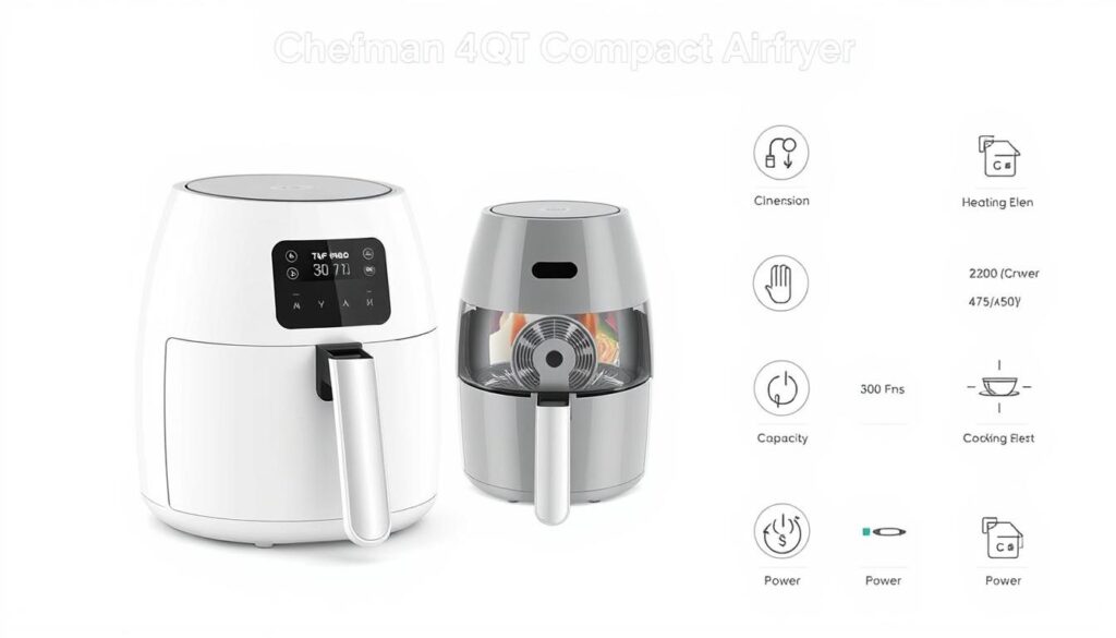 Chefman 4 QT Compact Air Fryer: Enjoy Guilt-Free Fried Favorites 4 Detailed technical illustration of the Chefman 4 QT Compact Airfryer set against a minimalist white background. The device is showcased from multiple angles, highlighting its sleek and compact design. The foreground features a high-resolution, close-up view of the control panel, buttons, and LCD display, showcasing the user-friendly interface. The middle ground depicts the airfryer's interior with a transparent view, revealing the heating element, fan, and cooking basket. The background provides additional details about the airfryer's dimensions, capacity, and power specifications, presented in a clean, infographic-style layout.