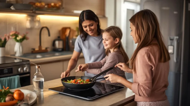 A home maker cooking on a portable induction cooktop