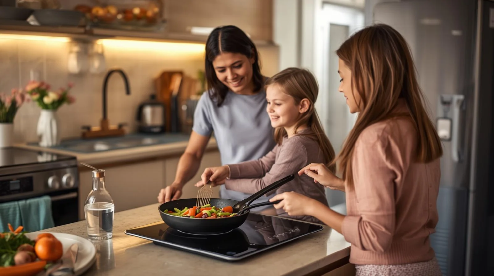 A home maker cooking on a portable induction cooktop