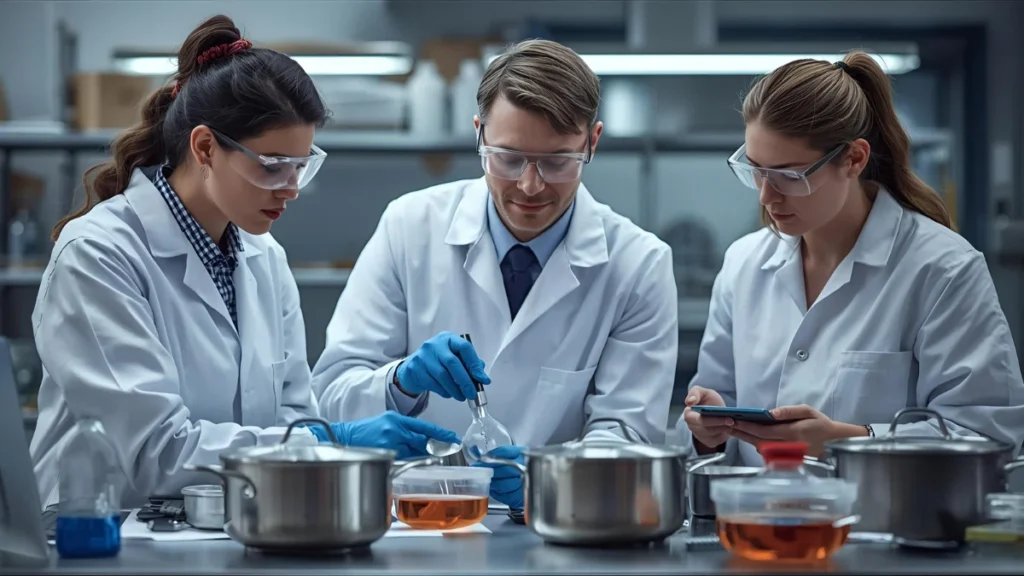 Aluminum Cookware Myths: What Every Homemaker Should Know 4 Aluminum cookware safety- image of a team 3 of research scientists studying on the health concerns of using aluminum cookware