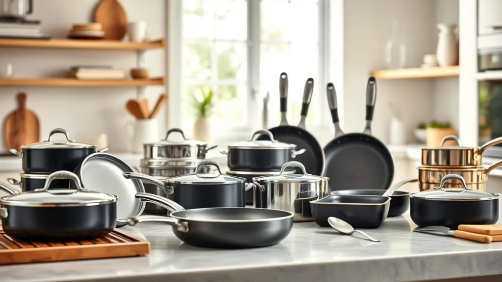 Various 17 piece nonstick pots and pans sets arranged in a kitchen setting